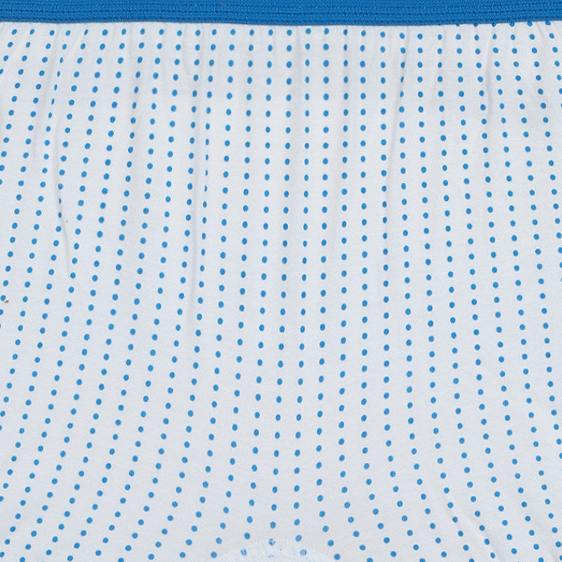 Closeup of kids' white innerwear with blue polka dot pattern and blue elastic waistband.