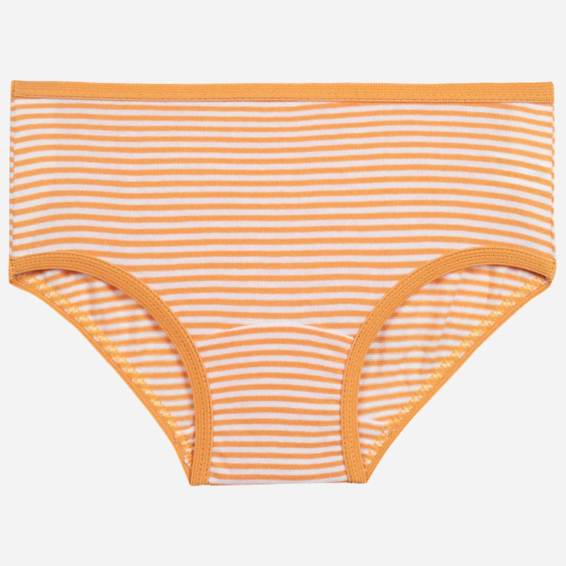 Orange and white striped girls' underwear with soft elastic waistband and leg openings