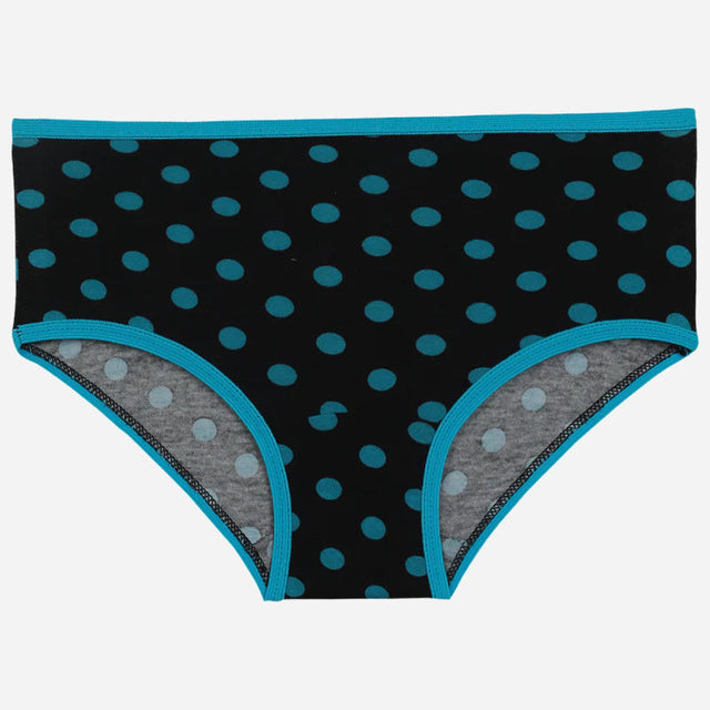 Girls’ black cotton underwear with blue polka dots and blue trim, kids innerwear