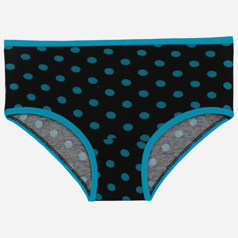 Girls’ black cotton underwear with blue polka dots and blue trim, kids innerwear