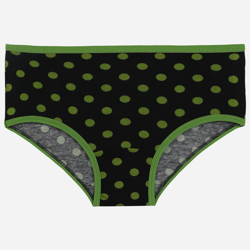 Black kids underwear with green polka dots and green trim, soft and comfortable innerwear