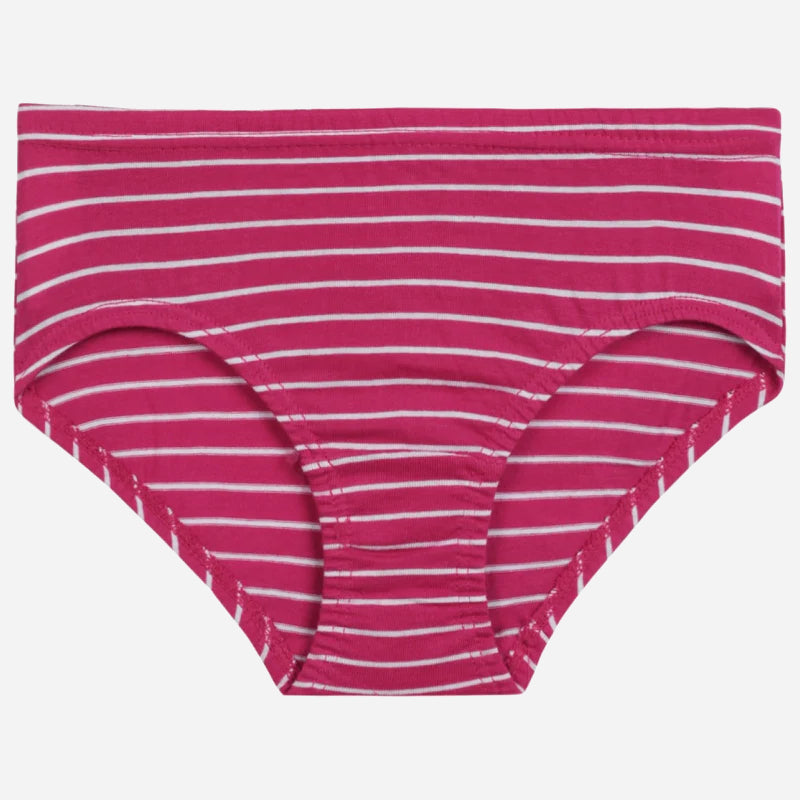 Pink girls' striped cotton underwear with white horizontal lines, front view