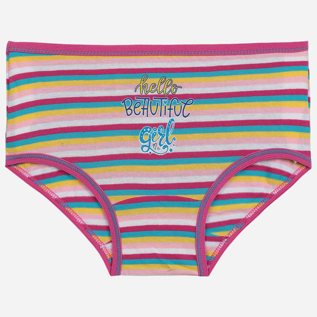 Girls striped cotton underwear with pink, yellow, blue stripes and 'hello beautiful girl' text.