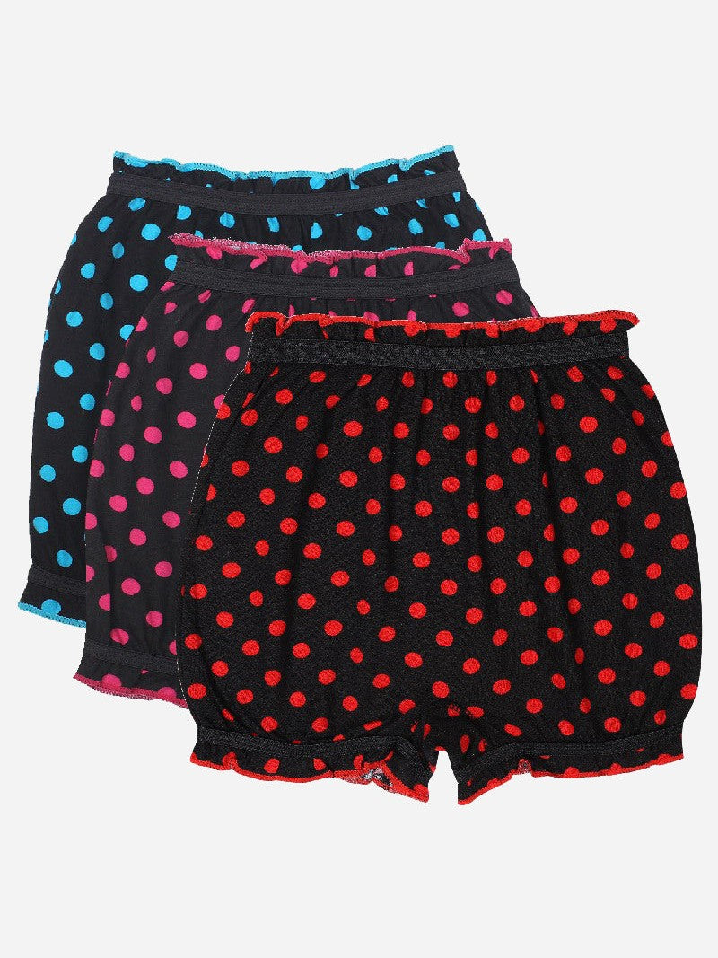 Set of three girls' innerwear shorts with colorful polka dots and elastic waistbands