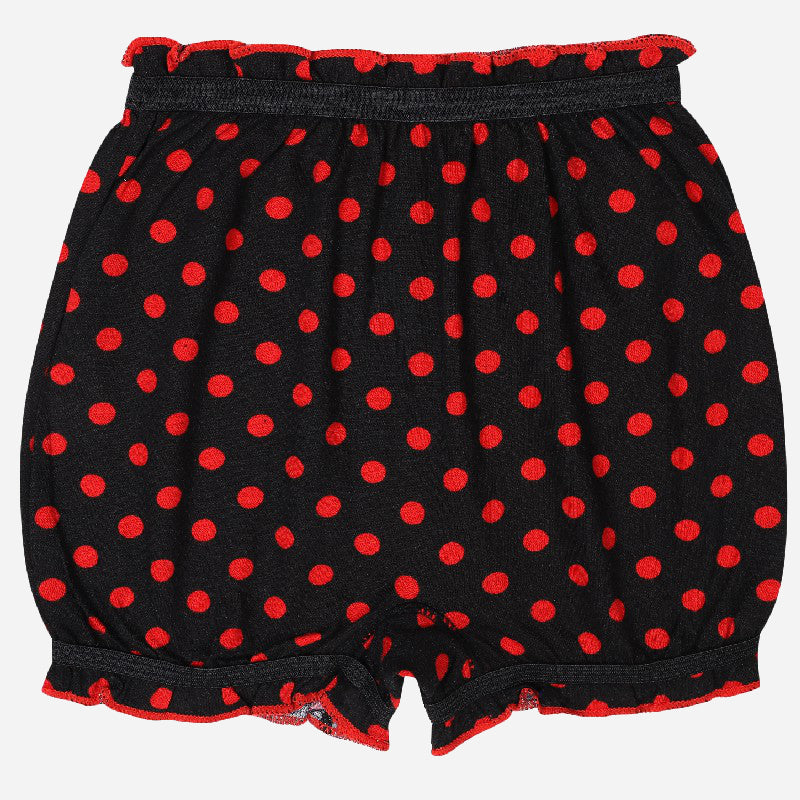 Black kids' innerwear shorts with red polka dots and ruffled trim, comfortable fit