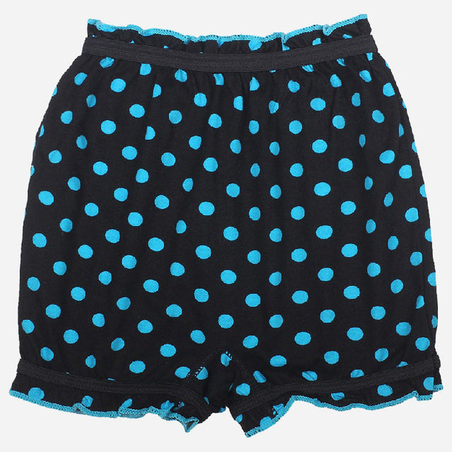 Black kids innerwear shorts with blue polka dots and elastic waistband