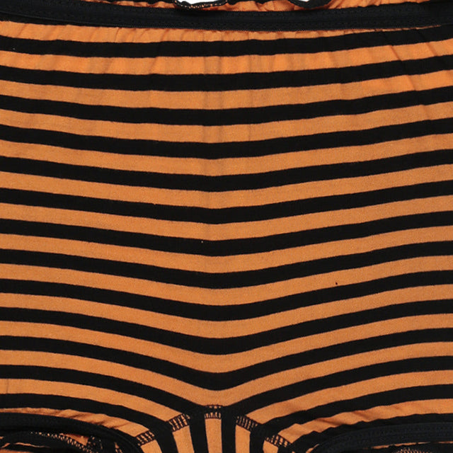 Orange and black striped kids innerwear closeup, soft cotton fabric, comfortable fit