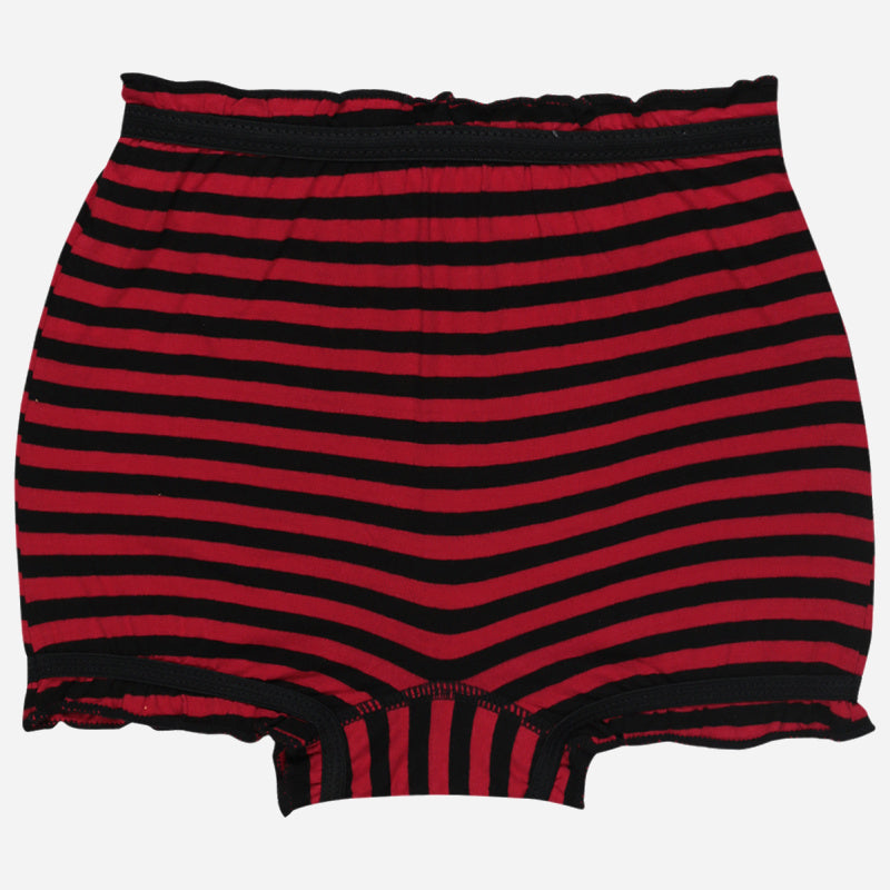 Kids innerwear shorts with red and black horizontal stripes, elastic waistband, front view