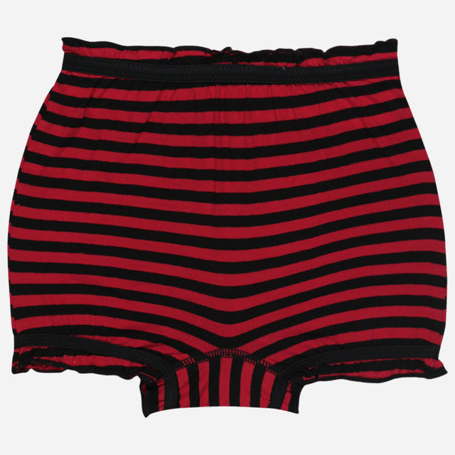 Kids innerwear shorts with red and black horizontal stripes, elastic waistband, front view