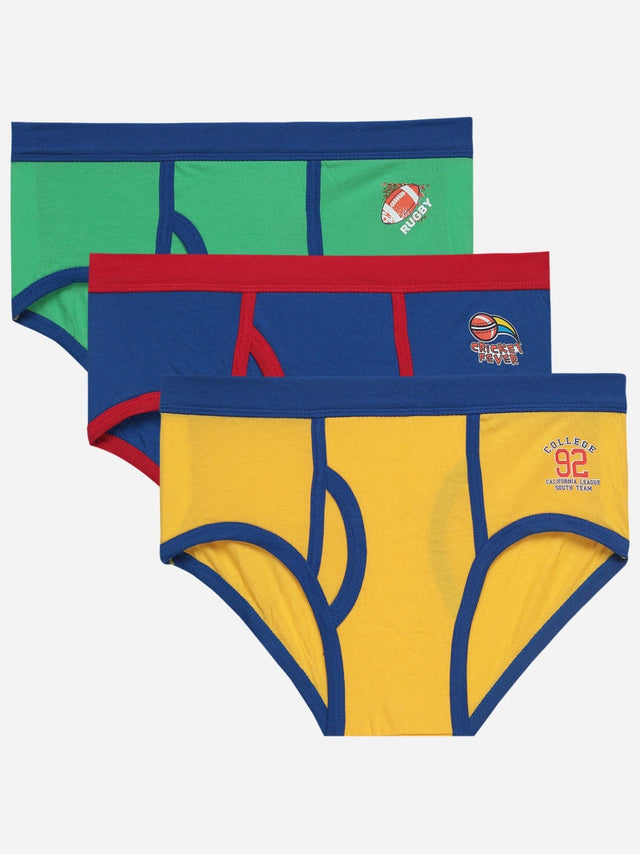 Set of three boys' cotton briefs in green, blue, and yellow with sports-themed prints