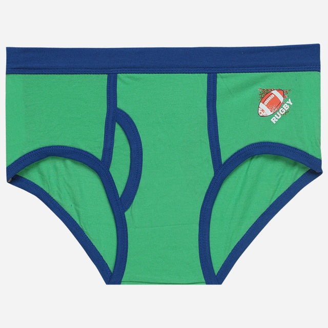 Green boys' brief underwear with blue trim and rugby ball print on front
