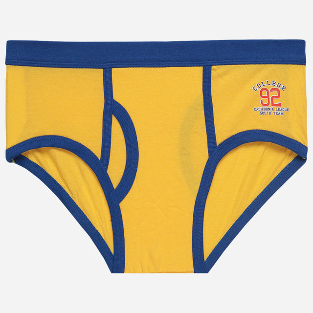 Yellow boys' brief underwear with blue trim and college-themed print