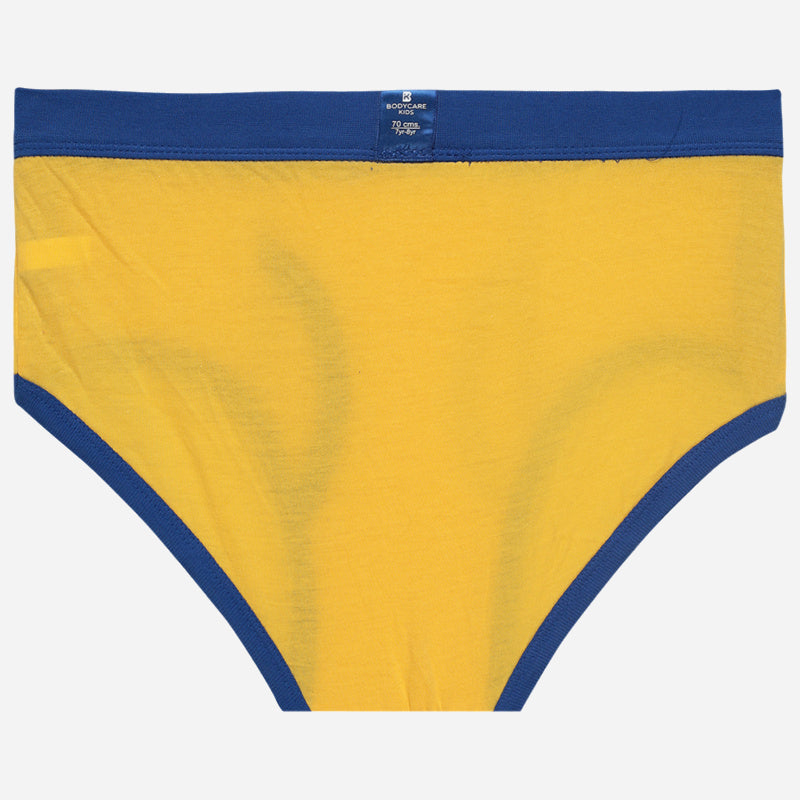 Kids yellow cotton briefs with blue waistband and trim, comfortable innerwear, front view