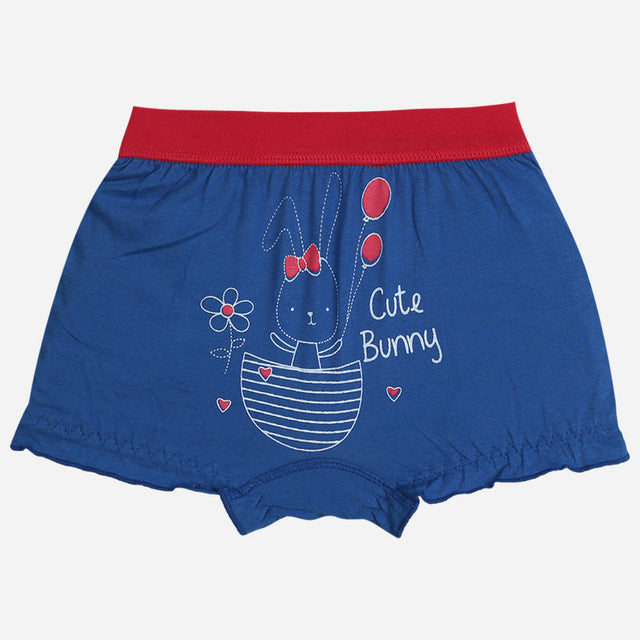 Blue girls' innerwear shorts with red waistband, bunny and balloon print, cute bunny text
