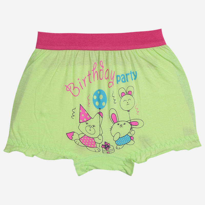 Light green kids innerwear shorts with pink waistband and cute birthday party cartoon print