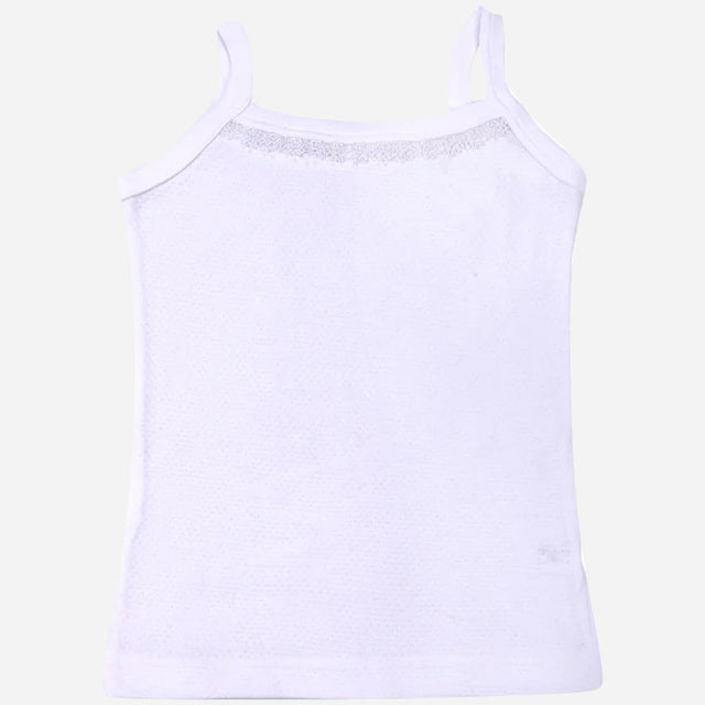 White kids camisole with thin shoulder straps, soft cotton innerwear, front view