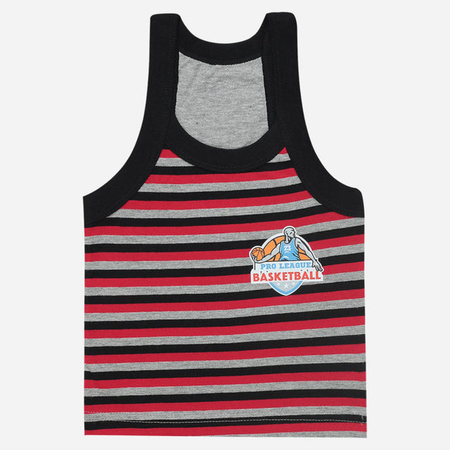 Kids striped sleeveless vest with black, red, and grey stripes and basketball print