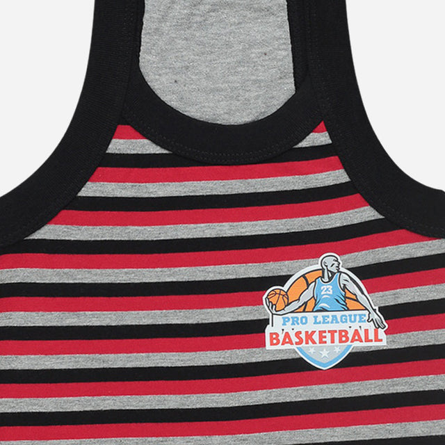 Kids sleeveless striped vest with red, black, and grey horizontal stripes and Pro League Basketball print
