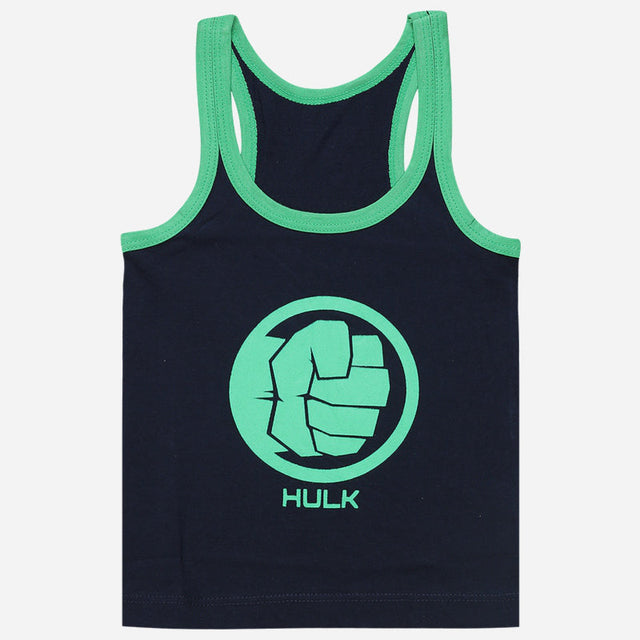 Kids navy blue sleeveless vest with green Hulk fist graphic and green trim
