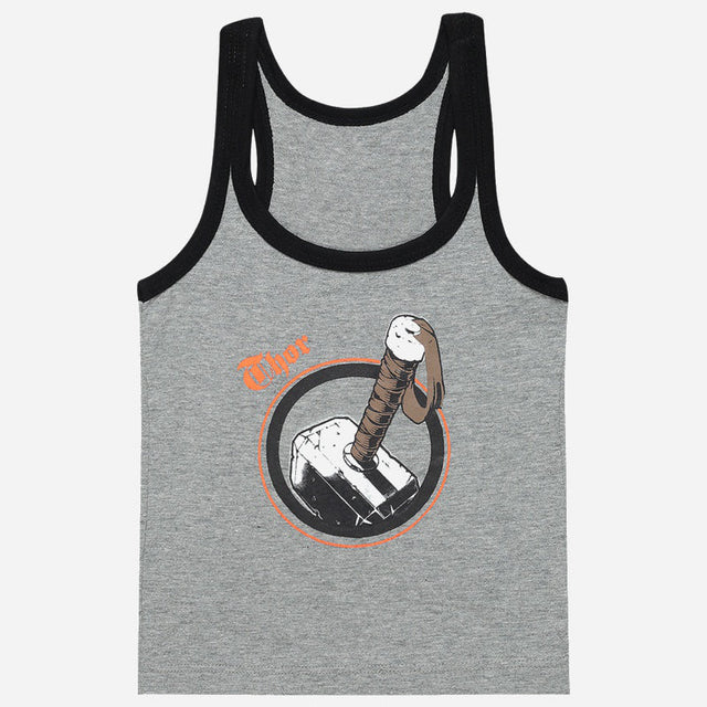 Kids grey sleeveless vest with black trim and Thor hammer graphic print on front