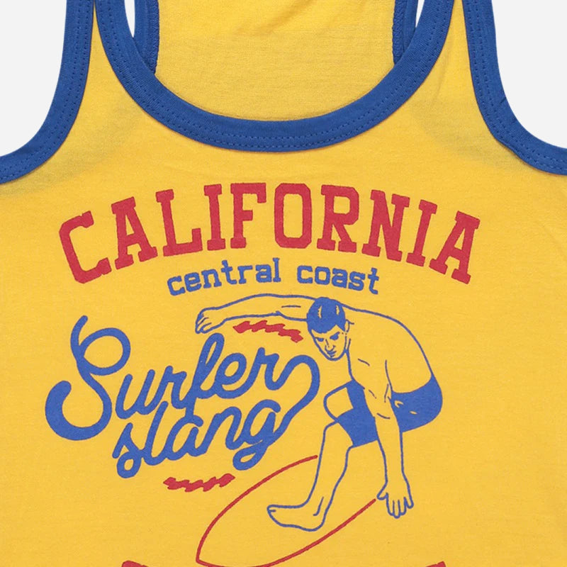 Yellow kids tank top with blue trim, California surfer graphic and surfboard print
