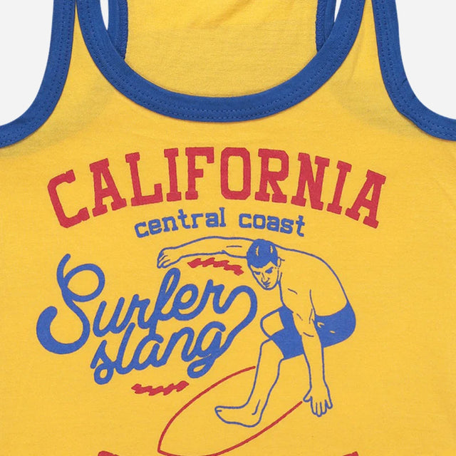 Yellow kids tank top with blue trim, California surfer graphic and surfboard print