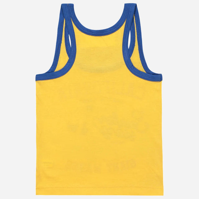 Yellow kids sleeveless vest with blue trim, comfortable innerwear, plain back view