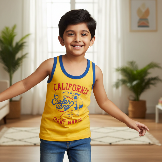 Smiling boy in yellow California print sleeveless vest and jeans, indoors.
