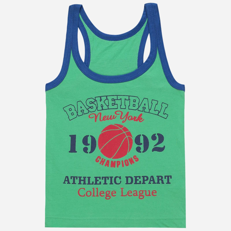 Green kids sleeveless vest with blue trim, basketball print and athletic college text