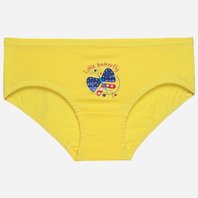 Yellow girls' cotton underwear with a butterfly print and 'Little Butterfly' text on front