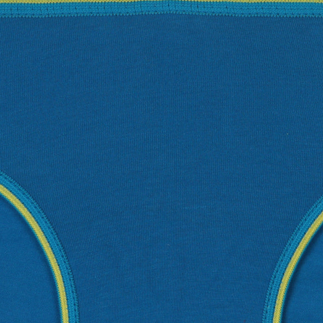 Close-up of blue kids cotton underwear with yellow striped waistband and trim