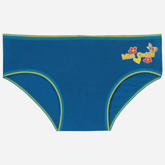 Blue girls' underwear with green trim and 'Miss Cutie' text and flower print on waistband