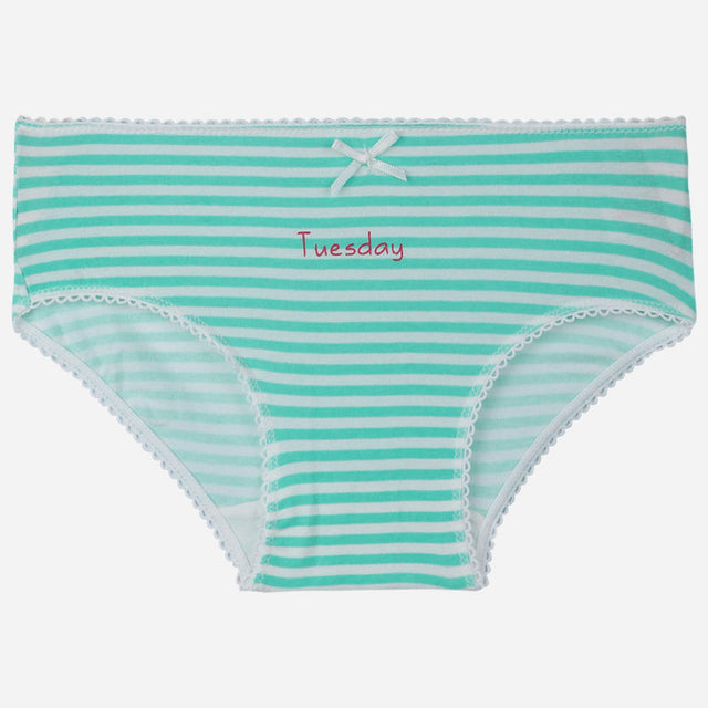 Girls' green and white striped cotton underwear with lace trim and 'Tuesday' text