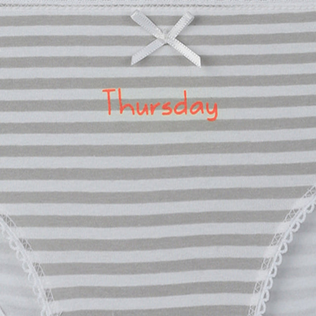 Girls' striped grey and white underwear with Thursday text and small bow detail