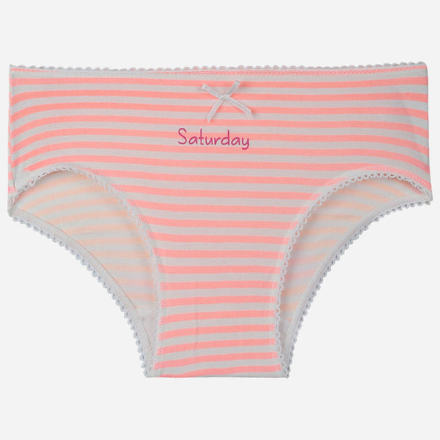 Girls' pink and white striped underwear with 'Saturday' text and small bow, soft cotton innerwear