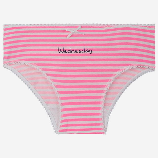 Pink and white striped girls' underwear with 'Wednesday' text and lace trim
