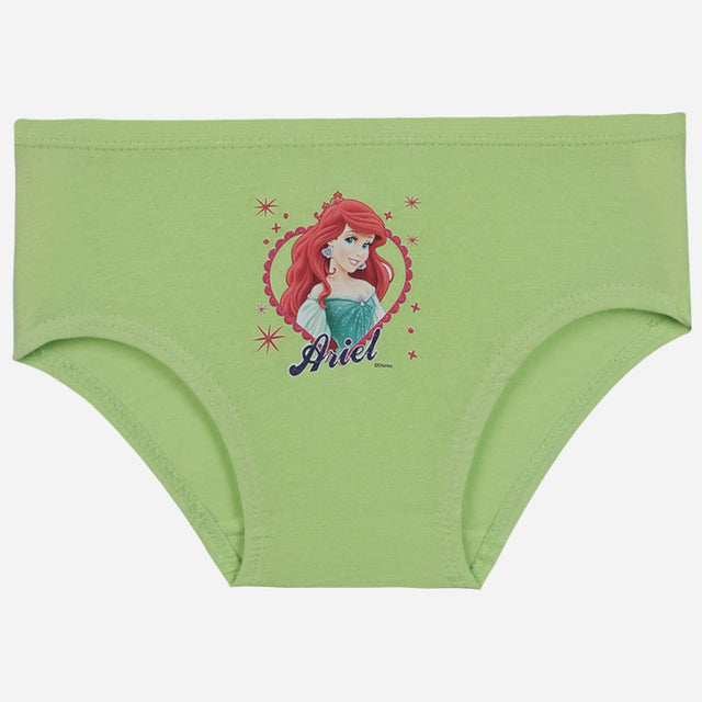 Light green girls' underwear with Ariel character print and heart accents on front
