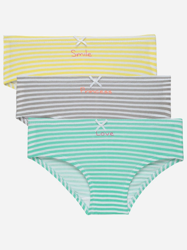 Three girls’ striped cotton briefs in yellow, grey, and mint with bows and printed words.