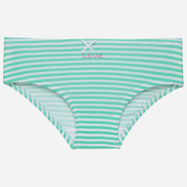 Green and white striped girls' underwear with a small bow and 'Love' text on waistband