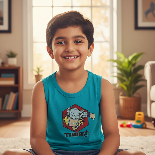 Smiling boy in turquoise sleeveless vest with superhero print, sitting indoors