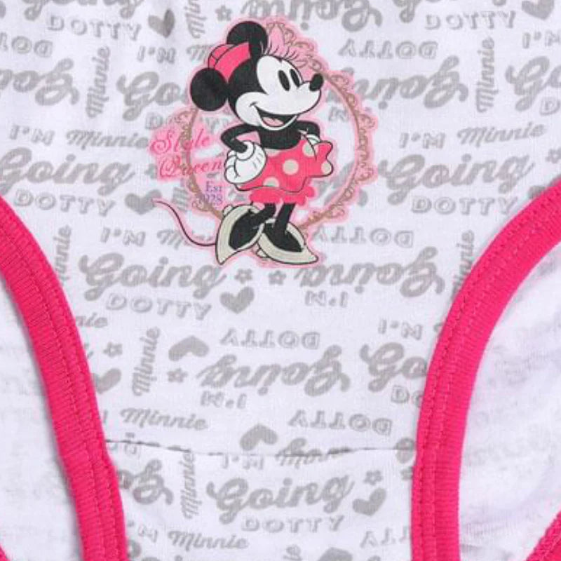 Girls' underwear with Minnie Mouse print, white fabric, pink edging, playful kids innerwear