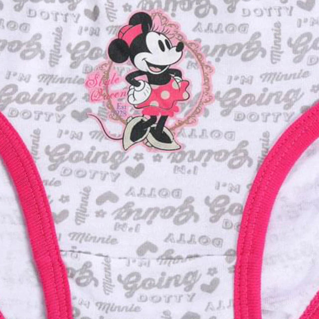Girls' underwear with Minnie Mouse print, white fabric, pink edging, playful kids innerwear