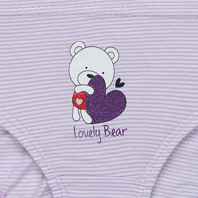 Lilac striped kids underwear with a cute bear holding a purple heart and 'Lovely Bear' text