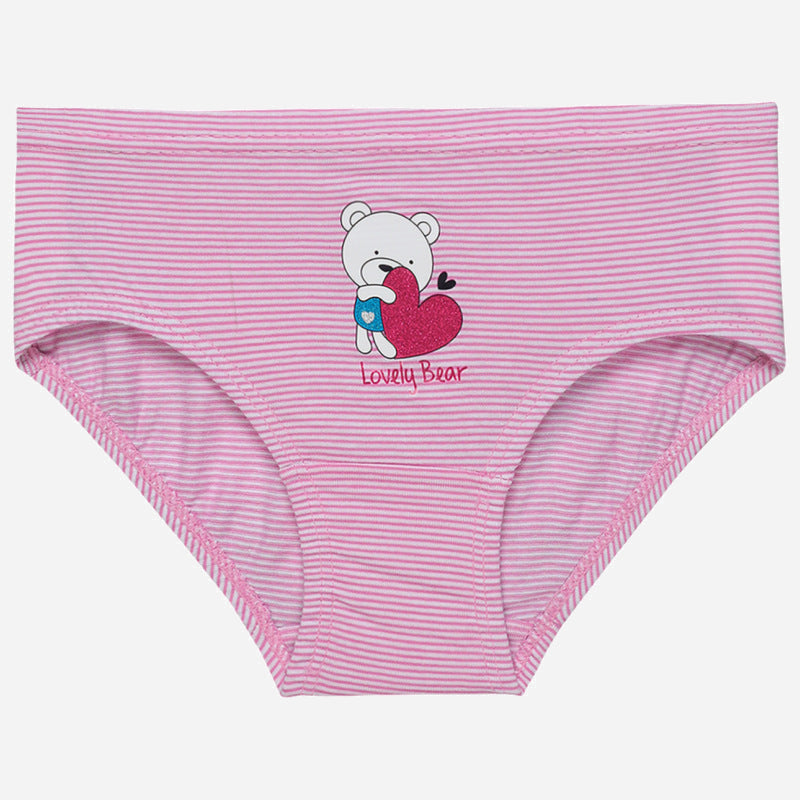 Pink striped girls' underwear with bear and heart print, kids innerwear, comfortable cotton