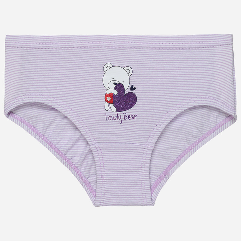 Lilac striped girls' underwear with cute bear and heart print, soft cotton innerwear