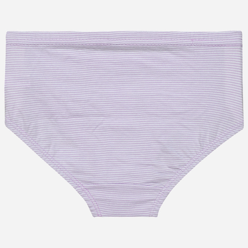 Light purple striped kids brief underwear, soft cotton fabric, flat lay on white background