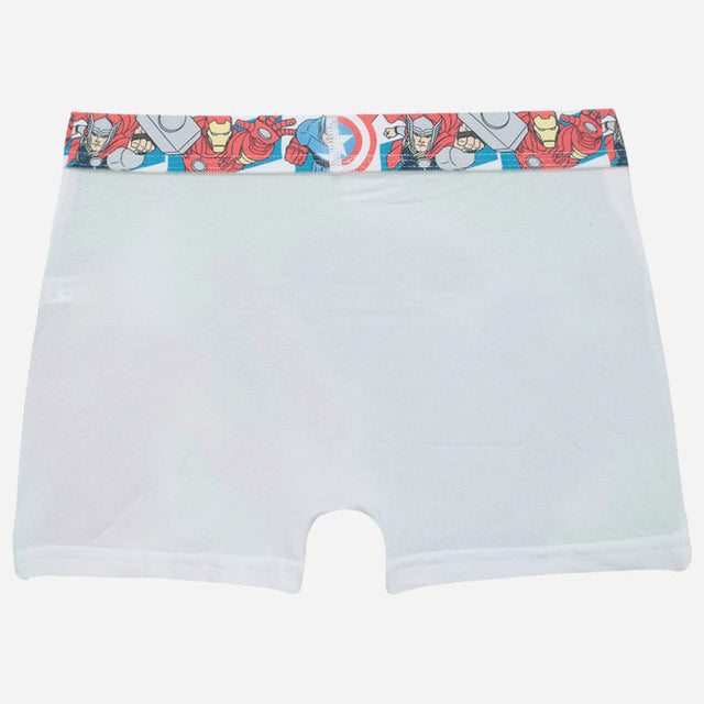 White kids boxer briefs with colorful cartoon superhero waistband, soft innerwear