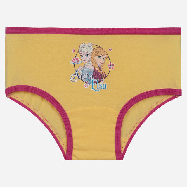 Yellow girls' brief with pink trim and Anna and Elsa cartoon print on front