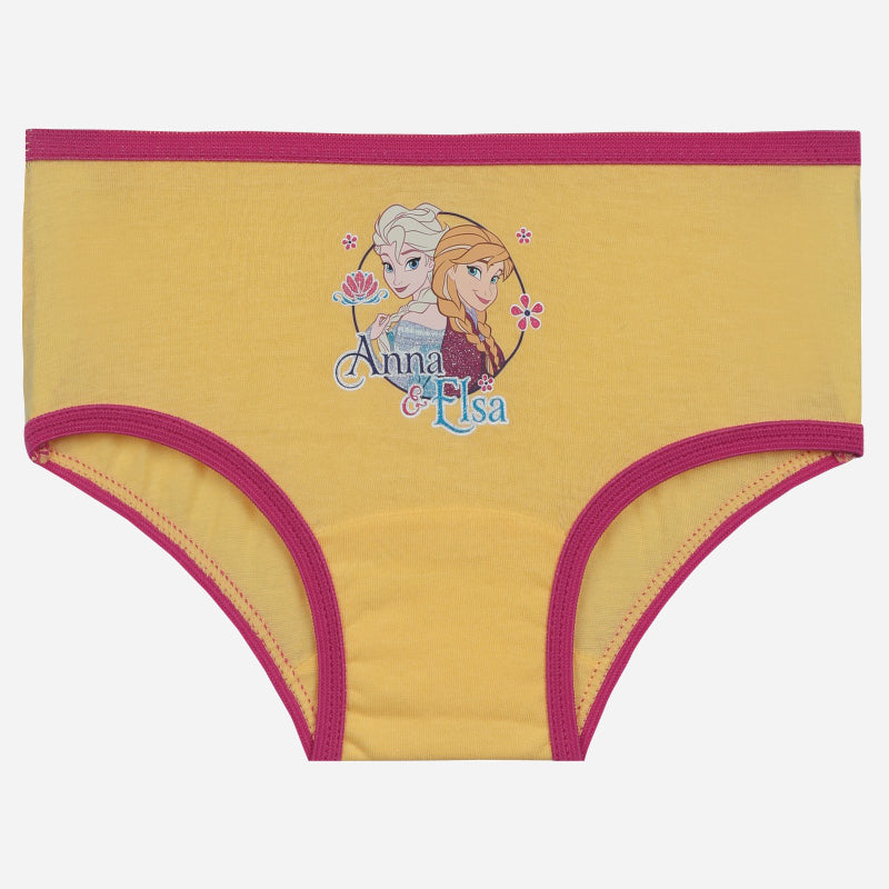 Yellow girls' brief with pink trim and Anna and Elsa cartoon print on front