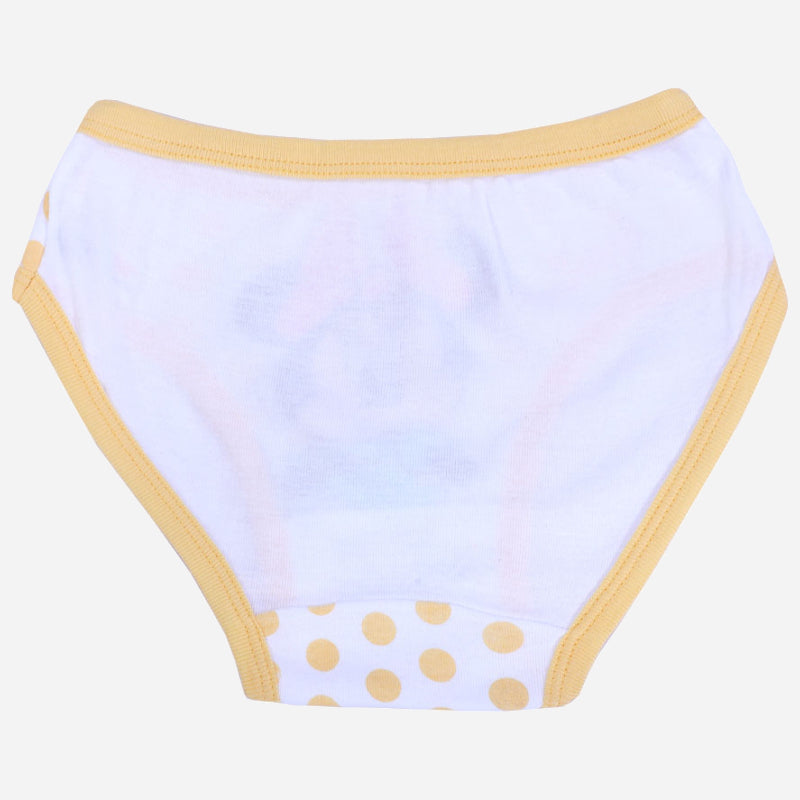 Girls' cotton underwear with yellow trim and polka dot pattern on a white background